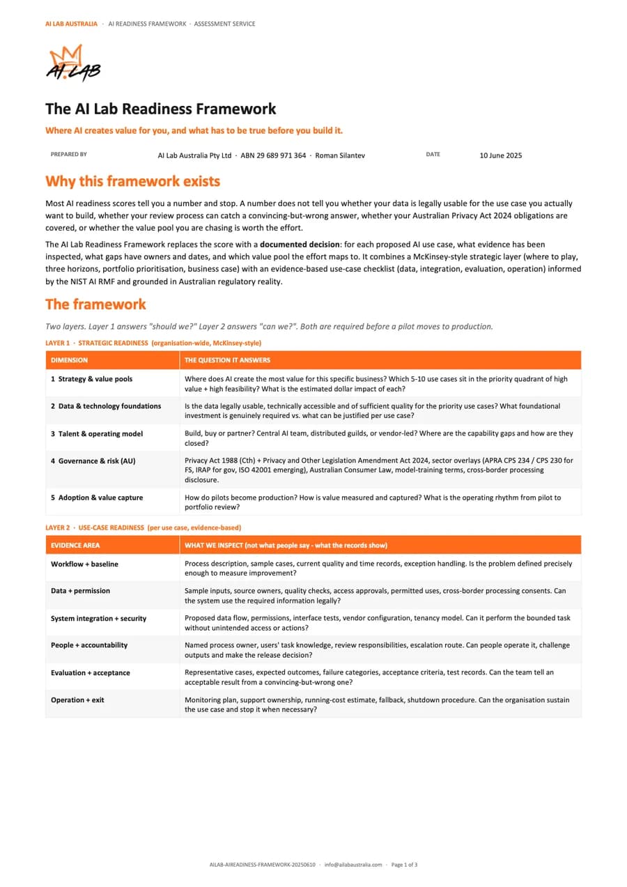 First page of the AI Lab Readiness Framework PDF