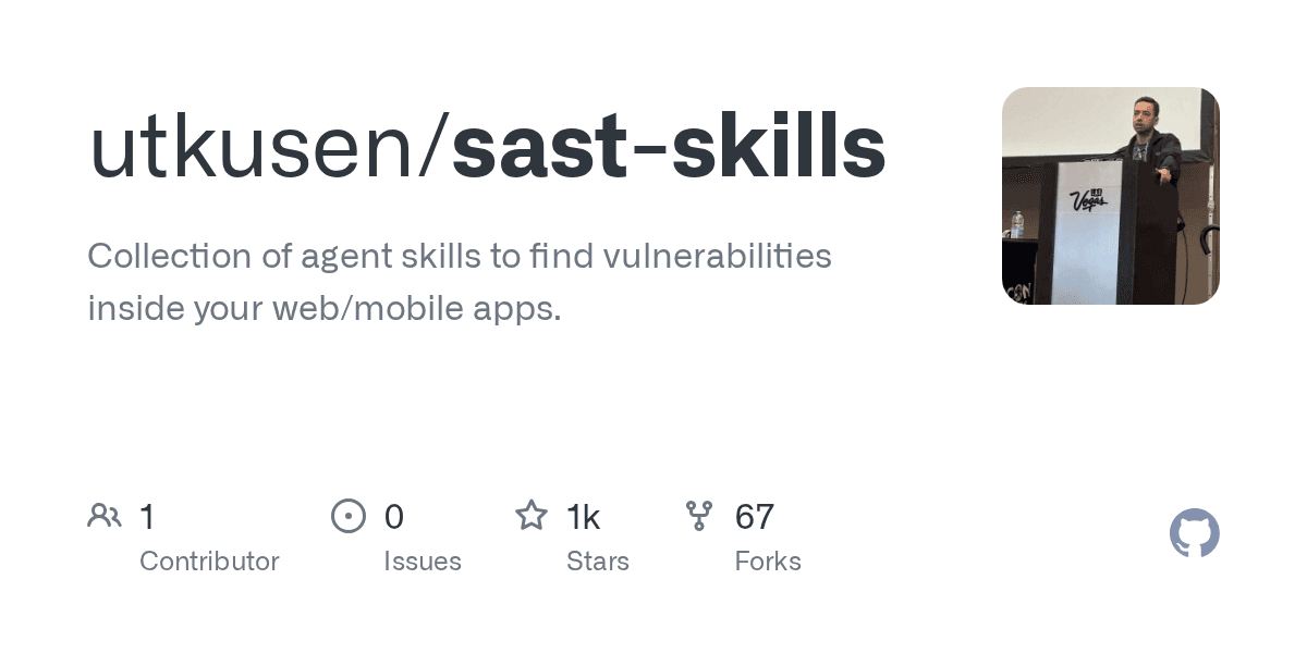 GitHub repository card for utkusen/sast-skills