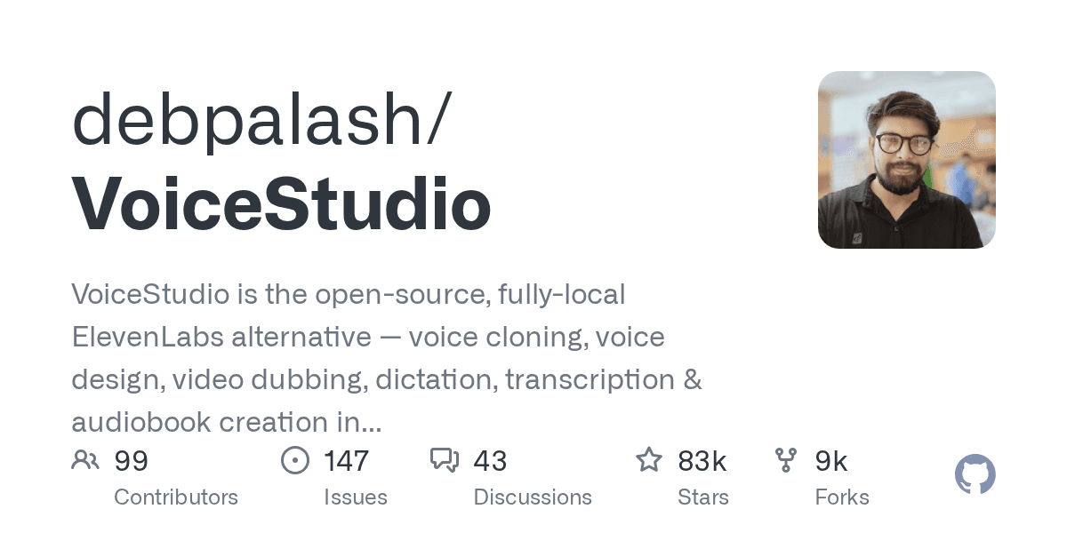 GitHub repository card for debpalash/VoiceStudio